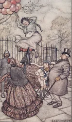 A Senhora com os balões, que fica do lado de fora, de Peter Pan em Kensington Gardens por JM Barrie (1860 - 1937), pub. 1906