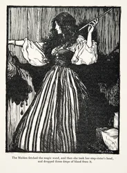 A donzela foi buscar a varinha mágica, depois pegou na cabeça da sua meia-irmã e deixou cair dela três gotas de sangue, dos Contos de Fadas dos Irmãos Grimm, publicado em 1909