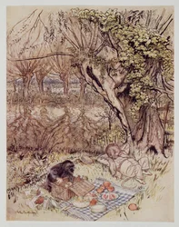 O Mole pediu como um favor a ser autorizado a descompactar tudo sozinho, de Wind in the Willows por Kenneth Grahame (1859 - 1932), pub. 1940