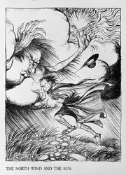 O vento do norte e o sol, ilustração de «Fábulas de Esopo», publicada por Heinemann, 1912
