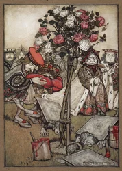A Rainha, Rei e Knave of Hearts passando os homens vestidos de cartas pintando a roseira de vermelho