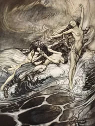 As Rhinemaidens obtêm a posse do anel e o carregam em triunfo, ilustração de "Siegfried and the Twilight of the Gods" (Siegfried e o Crepúsculo dos Deuses)