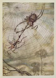 A aranha e a mosca, ilustração de Fábulas de Esopo, publicada pela Heinemann, 1912