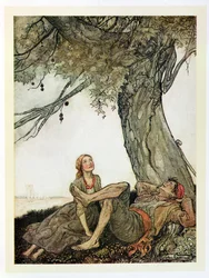 The Travellers and the Plane Tree, ilustração de &39;Fábulas de Esopo&39;, publicada por Heinemann, 1912