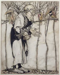The Wizard, ilustração do livro de pinturas de Arthur Rackhams, publicado em 1913 (caneta e tinta e wc no papel)