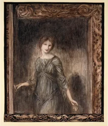 A porta do quarto de Fionn se abriu suavemente e uma jovem entrou na sala, ilustração de "Irish Fairy Tales" de James Stephens, 1920