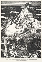 O encontrou a Princesa ainda na rocha, mas o Dragão estava dormindo com a cabeça no colo, do conto The Fairy Tales dos irmãos Grimm. 1909