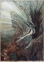 A brincadeira dos Rhinemaidens. Ilustração para Rhinegold e The Valkyrie, de Richard Wagner,