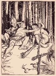 O gigante deu àquele que estava sentado ao seu lado uma caixa sobre a orelha. Ilustração de Arthur Rackham de Grimm
