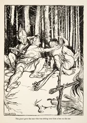 O gigante deu àquele que estava sentado ao seu lado uma caixa na orelha, de Little Brother & Little Sister e Outros Contos dos Irmãos Grimm, pub.1917 (litho)