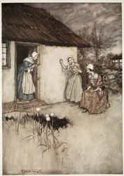As boas esposas da aldeia nunca falharam, em suas fofocas noturnas, de colocar toda a culpa em Dame Van Winkle, de Rip Van Winkle de Washington Irving, pub. 1910
