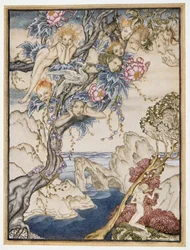 A ilha está cheia de ruídos, sons e ares doces, que dão prazer e não se rompem, ilustração de William Shakespeares The Tempest, pub. 1926