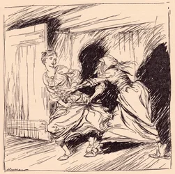 A velha mulher agarrou-a pela bata e tentou segurá-la com força. Ilustração de Arthur Rackham de Grimm