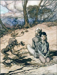 O filho traçou um círculo, e ele e o pai sentaram-se dentro dele, e apareceu o pequeno homem negro, ilustração de O rei da montanha dourada em Os contos de fadas dos irmãos Grimm