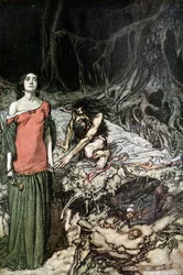 A corte de Grimhilde, a mãe de Hagen. Ilustração para Siegfried e The Twilight of the Go