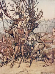 O jovem príncipe siad não tenho medo; Eu estou determinado a ir e olhar para o adorável Briar Rose , de Os contos de fada dos irmãos Grimm, pub. 1909