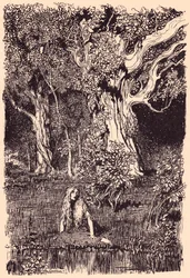 Lá ela sentou-se e teria permanecido sentada durante muito tempo se não tivesse havido um sussurro e rachaduras nos ramos da árvore mais próxima. Ilustração de Arthur Rackham de Grimm