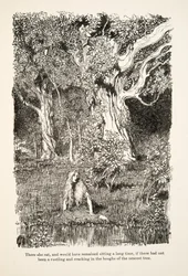 Lá estava ela sentada, e teria ficado sentada por muito tempo, se não tivesse havido um barulho e rachaduras nos ramos da árvore mais próxima, de Little Brother & Little Sister e Outros Contos dos Irmãos Grimm, pub.1917 (litho)