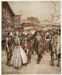 Eles se aglomeraram em torno dele, olhando im da cabeça aos pés com muita curiosidade., De Rip Van Winkle, de Washington Irving, pub. 1910