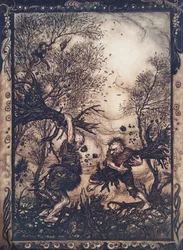 Eles se enfureceram tanto que rasgaram árvores pelas raízes e cortaram um ao outro até que os dois caíram mortos, de Os Contos de Fadas dos Irmãos Grimm, pub. 1909