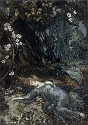 Titania, a Rainha das Taxas, está a dormir. Ilustração de Arthur RACKHAM (1867-1939) para The Dream of a Summer Night de William SHAKESPEARE