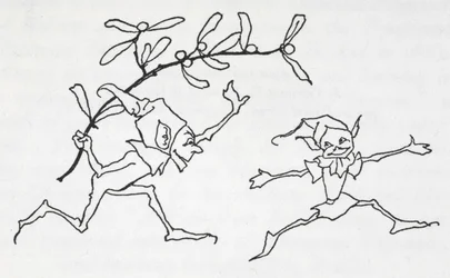 Dois duendes a brincar, um com um raminho de visco