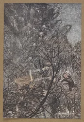 Para cima e para baixo, para cima e para baixo, goblin, conduza-os para cima e para baixo".
Uma cena de "A Midsummer Night