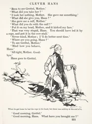Quando ele chegou em casa, ele tinha a corda na mão, mas não havia nada no final, dos contos de fadas dos Irmãos Grimm, pub. 1909