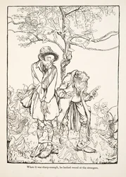 Quando estava afiado o suficiente, ele olhou em volta para estranhos, de Little Brother & Little Sister e Outros Contos dos Irmãos Grimm, pub.1917 (litho)