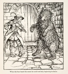 Quando o urso ouviu a música, não pôde deixar de começar a dançar, de Little Brother & Little Sister and Other Tales by the Brothers Grimm, pub.1917 (litho)