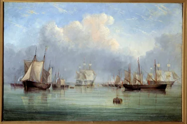 Navios de mar e barcos à vela atracados. Pintura de Arthur Wellington Fowles (1815-1883), século XIX, Museu de Belas-Artes de Orléans