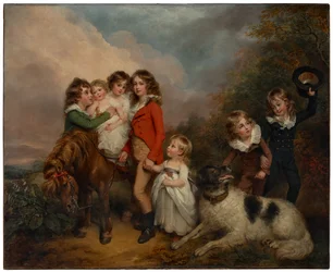 Retrato dos filhos de Benjamin Goldsmid, com um pónei e um cão numa paisagem