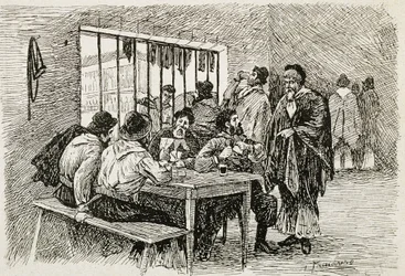 Argentina (século XX). "Pulperia", uma taberna e loja de bebidas. Ilustração de T. Tamarera. Gravura