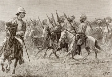 Império britânico (séc. XIX). Os novos regimentos da Birmânia. Companhia de Infantaria Montada do Segundo Regimento. Gravura.