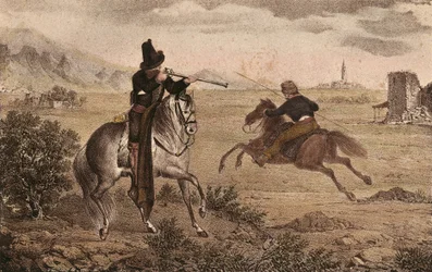 CABRERA Y GRINO, Ramon (1806-1877). Militar carlista espanhol. Espanha. Guerras carlistas. Cavalaria do Cid. Imagem do "Album de tropas carlistas de Aragon". Litografia. Coleção particular