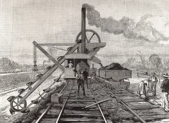 Construção do Canal do Panamá. Trabalhos de dragagem na aldeia de Culebra. Desenho original de Meltor Prior. Imagem publicada no "The Illustrated London News". Gravura.