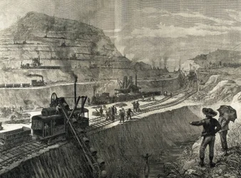 Construção do Canal do Panamá. Trabalhos de dragagem na aldeia de Culebra. Desenho original de Meltor Prior. Imagem publicada no "The Illustrated London News". Gravura.
