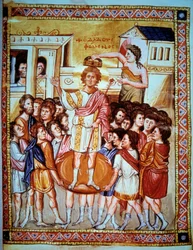 Coroação do rei David (1015 - 975 a.C.), rei de Israel. Miniatura em "Psaltier de Paris" Folio 6v