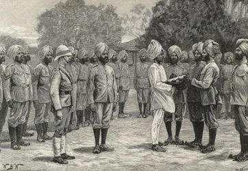 Inglaterra (século XIX). Colonização. Índia. Os novos regimentos de Burmah. Juramento dos novos recrutas. Gravura. Coleção particular