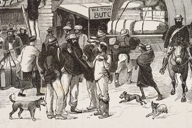 Inglaterra (C19th). Colonização (1880). A vida dos garimpeiros na Austrália. Colónia inglesa de Botany Bay (fundada em 1788) e inicialmente povoada sobretudo por criminosos que se tornaram garimpeiros e comerciantes. Gravura. Coleção particular