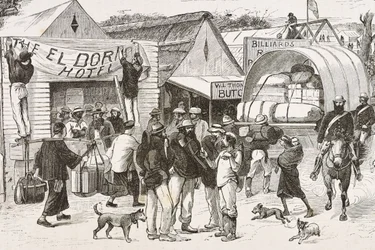 Inglaterra (C19th). Colonização (1880). A vida dos garimpeiros na Austrália. Colónia inglesa de Botany Bay (fundada em 1788) e inicialmente povoada sobretudo por criminosos que se tornaram garimpeiros e comerciantes. Gravura. Coleção particular