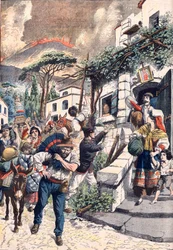 Erupção do Vesúvio, pessoas a fugir do vulcão, 1906 (gravura)
