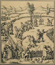 Festa dos agricultores numa quinta alemã ("Der Jahrmarkt"). Música e dança. (gravura)