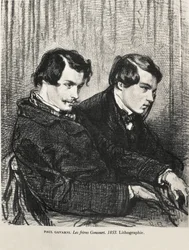 Gavarni, Hippolyte-Guillaume-Sulpice Chevalier, chamado Paul (1804-1866). Edmond e Jules de Goncourt num camarote do teatro. 1853. GONCOURT, Edmon Huot de (1822-1896). Escritor inglês; GONCOURT, Jules Huot de (1830-1870). Escritor inglês. Litografia. Priv