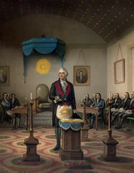 George Washington, general e estadista americano, em traje macónico (Venerável da Loja "Alexandria 39", que era conhecida em 1805 como "Washington-Alexandria").