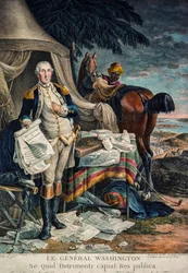 George Washington num campo de batalha segurando a Declaração de Independência (gravura colorida à mão)