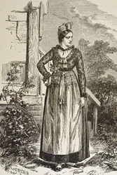 Alemanha (C19th). Sociedade (1879). Alsácia. As mulheres da região. Neste momento, a Alsácia era ocupada pelo Reichstag alemão (1871-1918). Gravura. Coleção particular