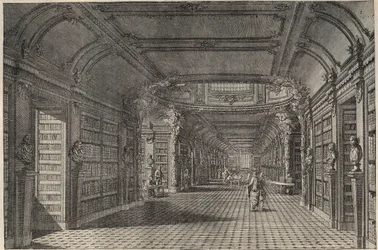 Interior da antiga biblioteca de Saint Genevieve (Sainte Genevieve) no século XVIII-