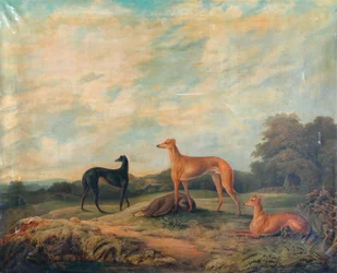 Paisagem, quatro galgos em primeiro plano (óleo sobre tela)