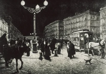 Madrid (1878). A Puerta del Sol iluminada com luz eléctrica. Imagem segundo um desenho de Pellicer para "La Ilsutracion Espanola y Americana". Gravura.